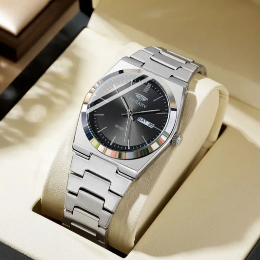 Men's Slim Stainless Steel Calendar Watch — Fashion Quartz Wristwatch — view 1 of watches