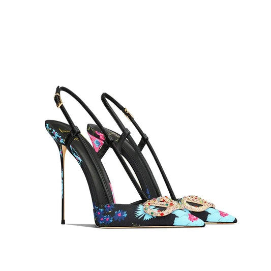 Heels & Pumps — Elegant Black Floral Pointed-Toe Stiletto Heels, Sophisticated Evening Pumps — view 1 of heels & pumps