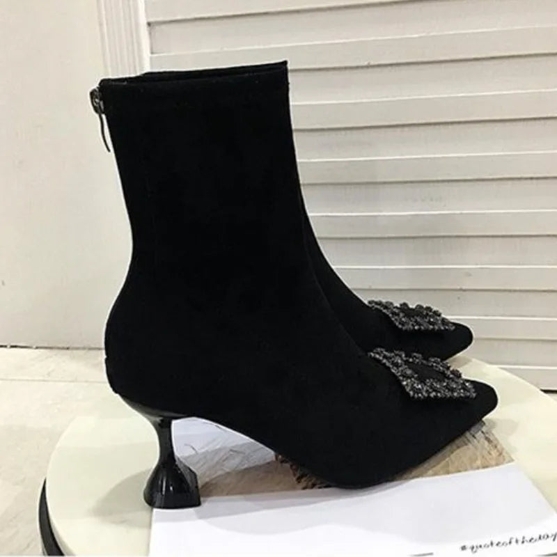 Pointed-Toe Heeled Ankle Boots — Flock Fashion Booties for Spring — view 5 of boots