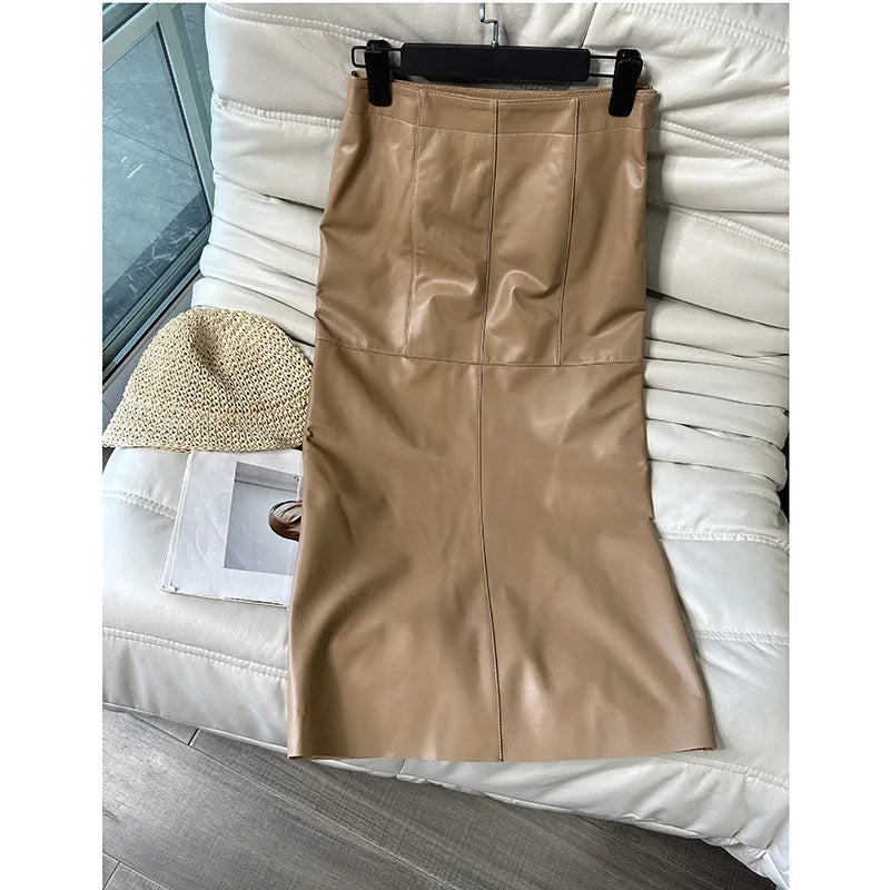 2024 Women’s High-Waist Real Leather Pencil Skirt – Sexy Split Wrap Design