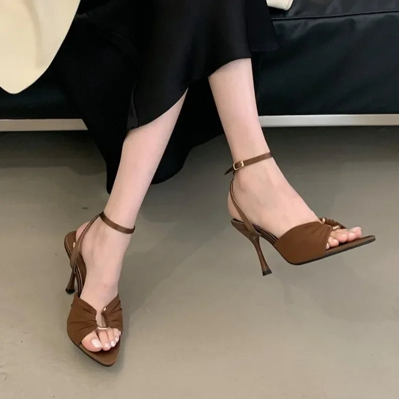 Heels & Pumps — Pleated Metal-Button Stiletto Sandals, Pointed Open-Toe Runway Heels — view 2 of heels & pumps