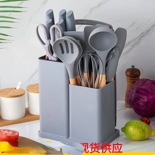 Silicone Kitchenware Set of 19 Kitchenware Tools Storage Barrel Stainless Steel Handle Knife Set Kitchen Knife Set