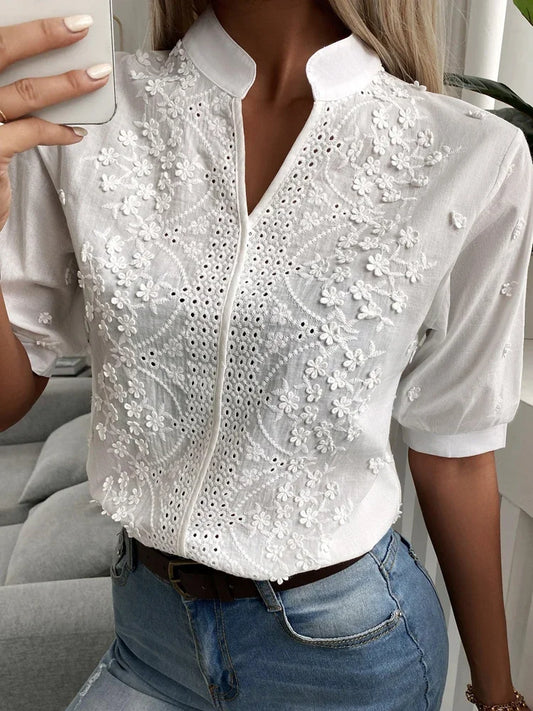 Summer Floral Embroidery Lace Blouse Women Hollow-out Stand Collar V Neck Casual Shirt Elegant Short Sleeve Cotton Tops 24350