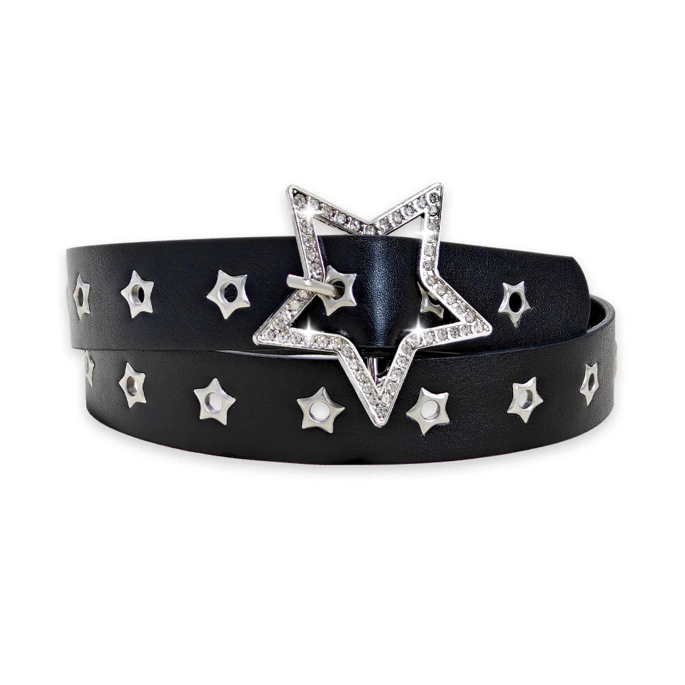Belts Luxury-style Women's Y2K Belt — Black Waistband with Star Eyelets & Rhinestones — view 7 of belts