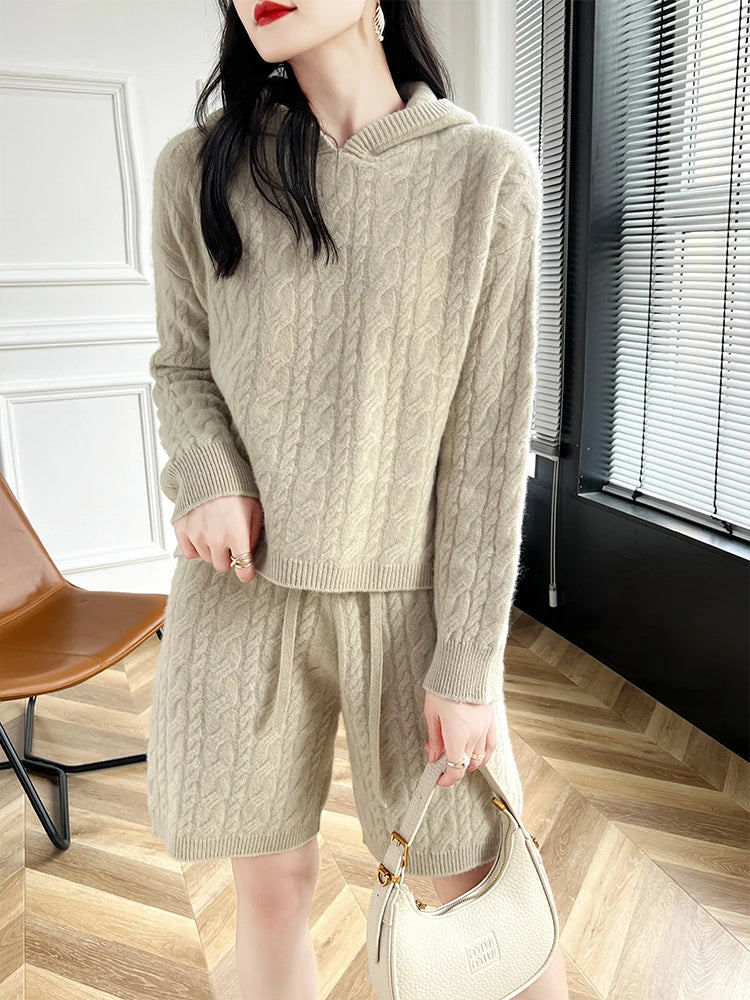 High Quality Suit Spring Autumn 100% Pure Wool Knitted Hoodie Women's Pullover Sweater And Short Pants Two-Piece Female Clothing