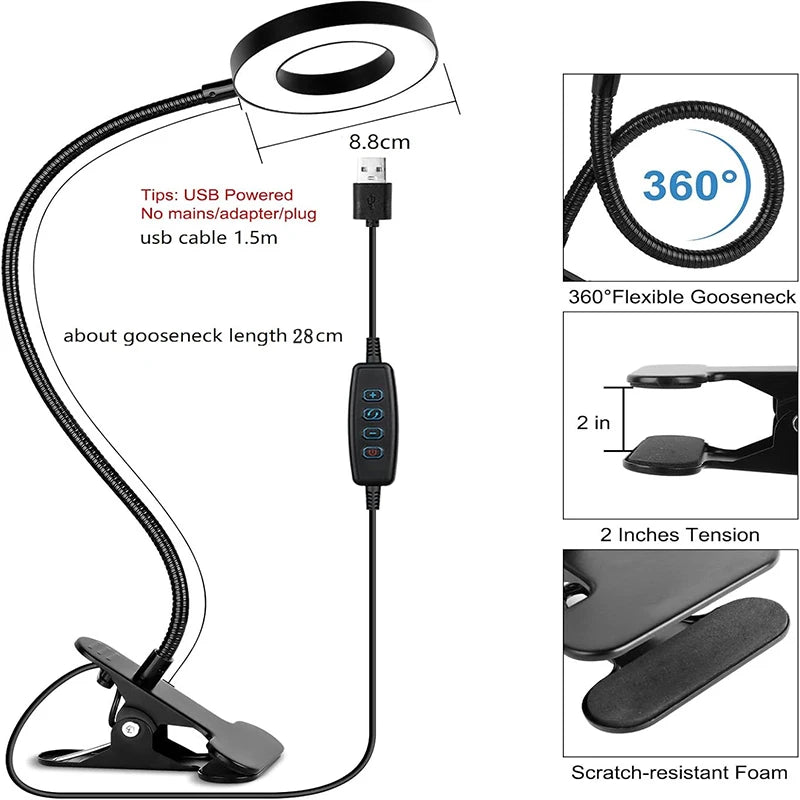 Reading Desk Lamp &mdash; Dimmable Flexible USB Clamp Book Light with 3 Modes &amp; 10 Brightness Levels — view 7 of lighting