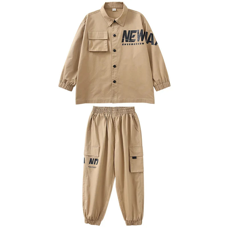 Kid Kpop Hip Hop Clothing Khaki Shirt Jacket Casual Streetwear Cargo Jogger Pants for Girl Boy Jazz Dance Costume Clothes Set