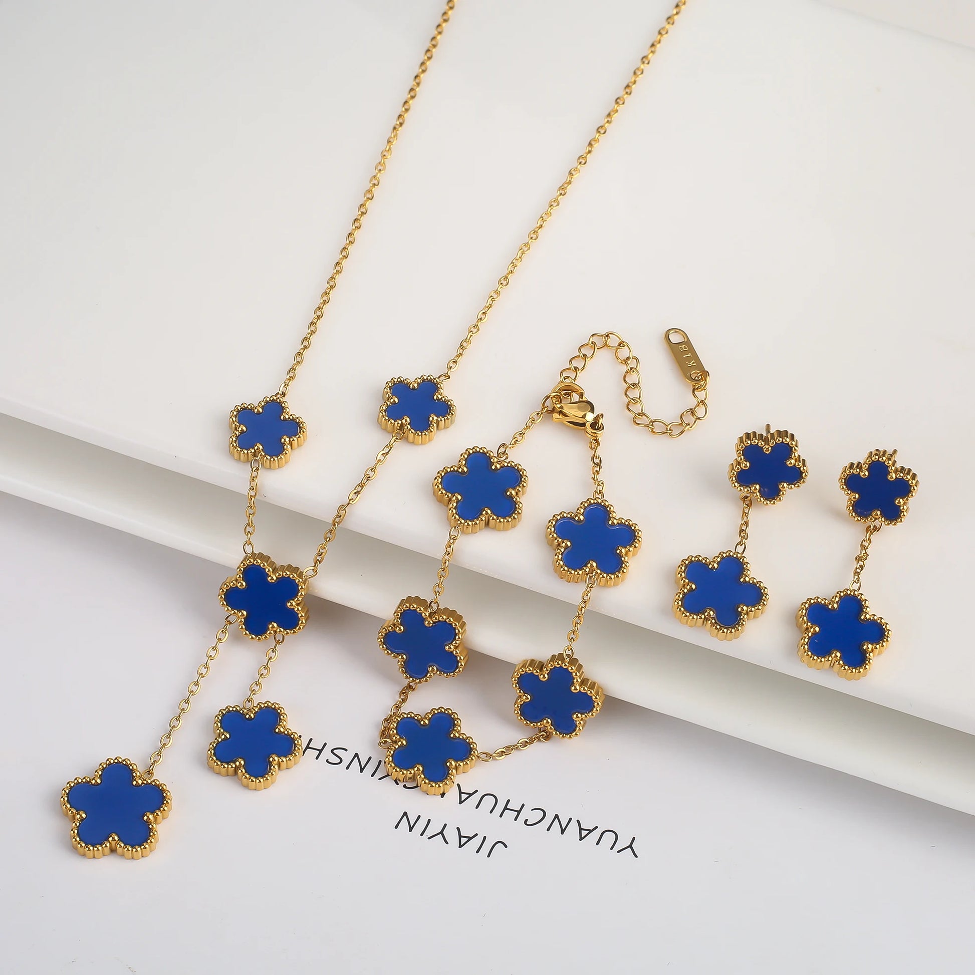 3-Piece 18K Gold-Plated Five-Leaf Flower Jewelry Set Necklace Earrings & Bracelet Clover Pendant Set — view 18 of jewelry sets