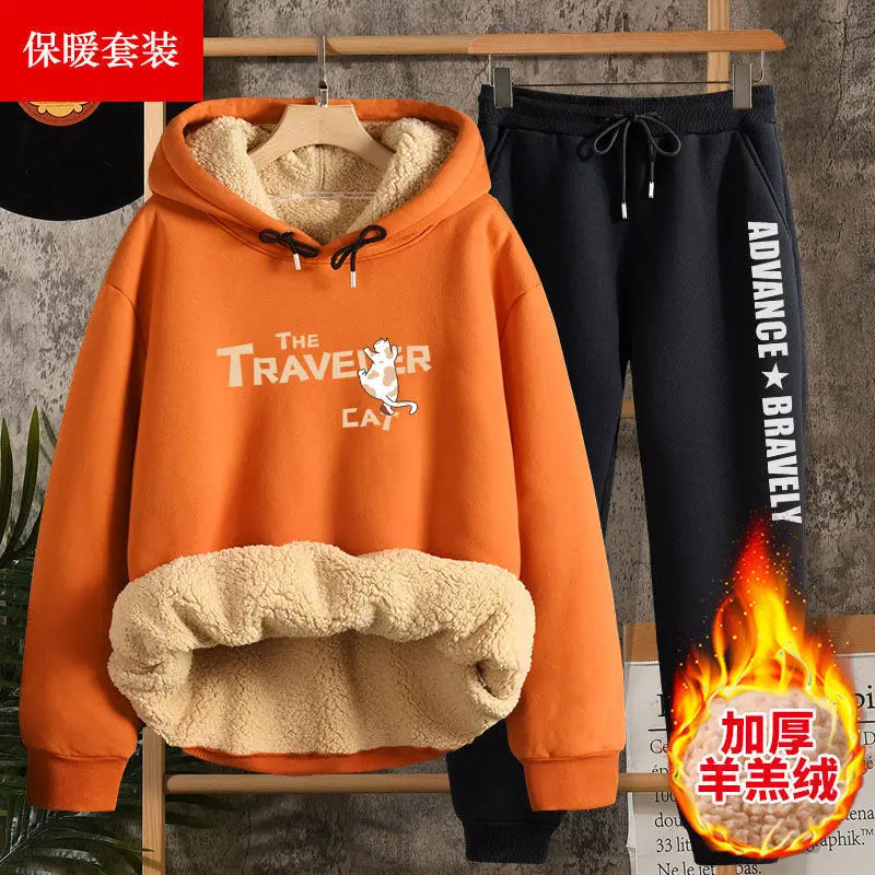 Hoodies Women Autumn Winter New High School Students Thick Lamb Velvet Suit Two-piece Sweatshirt Pants Harajuku Clothes Femme