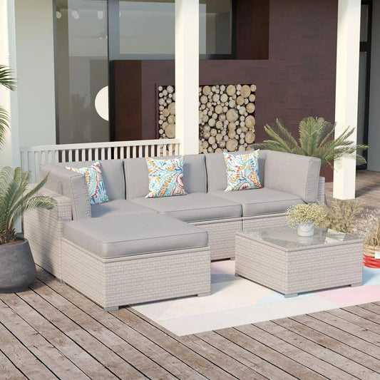 Outdoor Sectional 5-Piece Wicker Sofa in Pearl Gray w 3 Stripe Pillows, Light Grey Cushions Elegant Patio Furniture Chair& Table