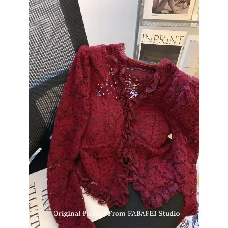 France Ankela Red Crochet Hollow V-neck Lace Shirt Spring Sexy Women Long Flare Sleeve Bottoming Shirts with Chest Pad Small Top