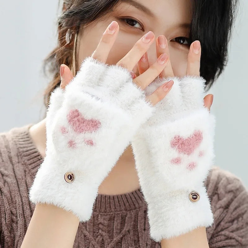 Thicken Women Warm Cat Gloves Fashion Girls Cat Claw Paw Plush Mittens Soft Plush Short Fingerless Half Finger Winter Gloves