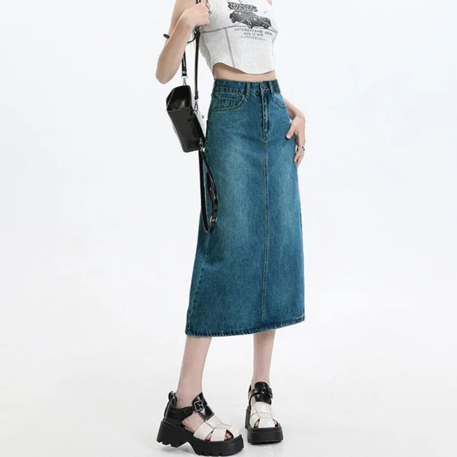 【HOT】New small size medium-length bags covering the flesh covering the -forked retro blue denim bust skirt for women — view 2 of product