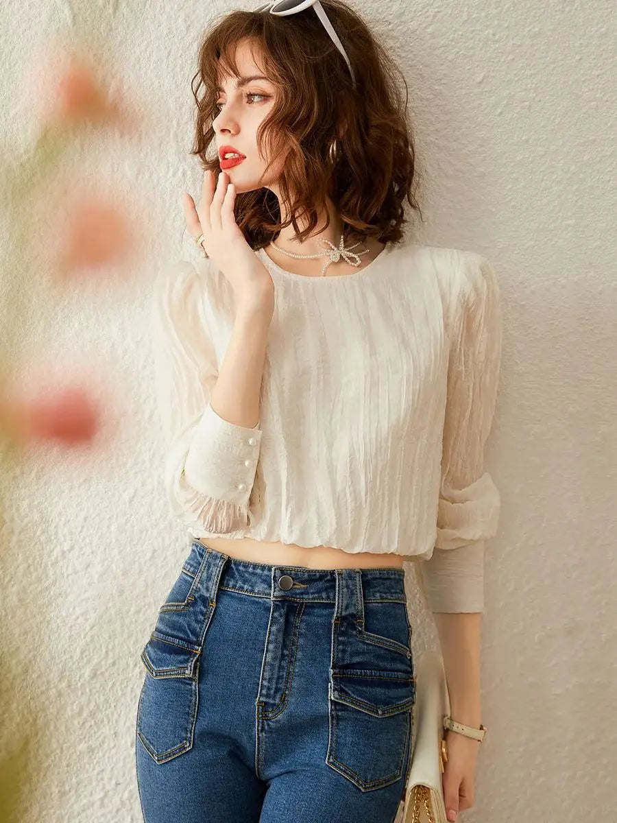 LOUIS YAO Women Shirt 2024 Spring New Round Neck Long Sleeve Short Blouses Puff Sleeve Casual Pullover Women's Top