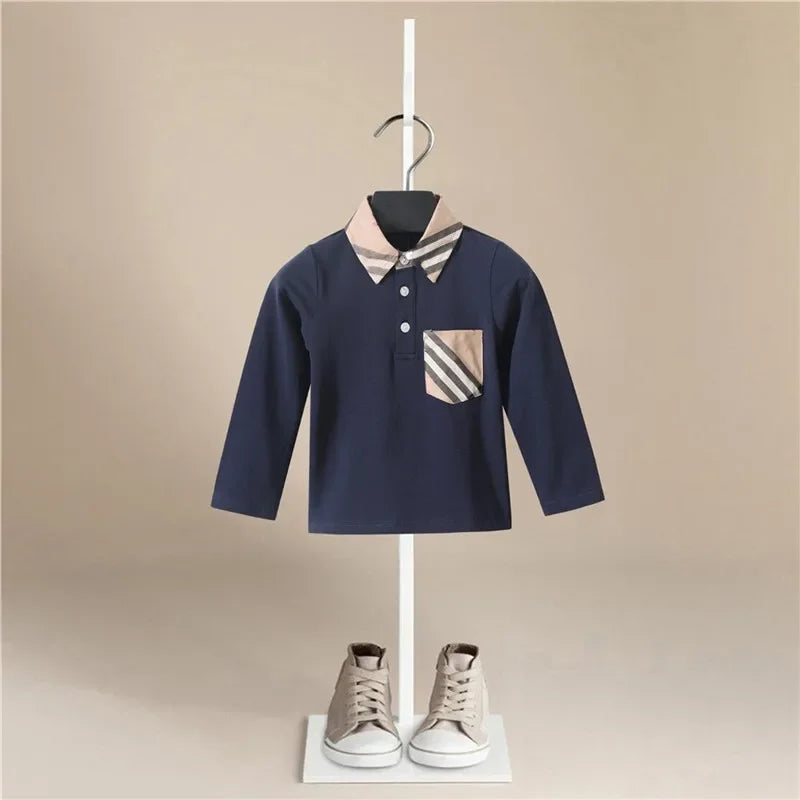 Spring T-Shirt Kids Clothes Tops Color Stripes Turn-down Collar Autumn Long Sleeve Polos Baby Boy Pocket Boys Shirts Teen1T-7T