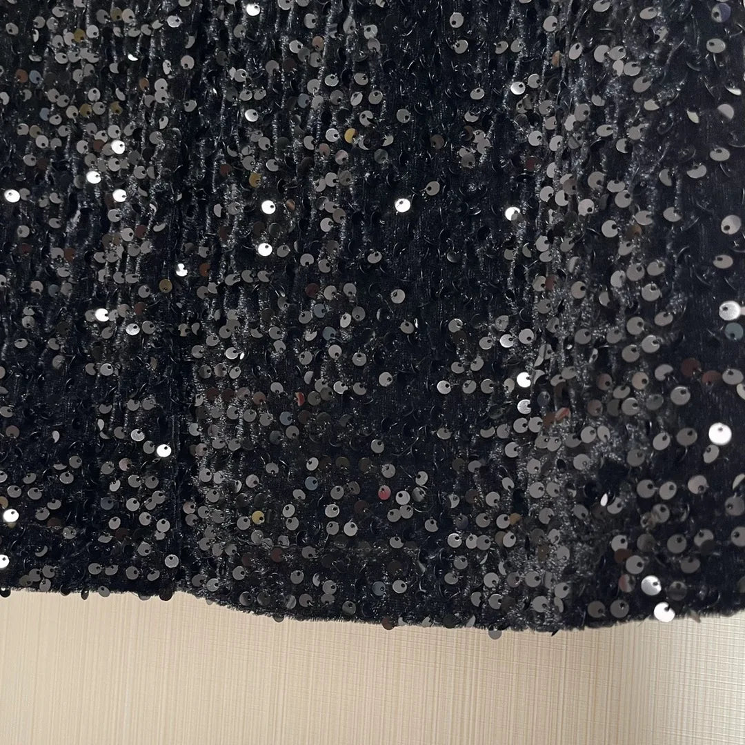 Autumn sequined skirt for women with high waist design, fine sequined starry sky feeling back slit skirt