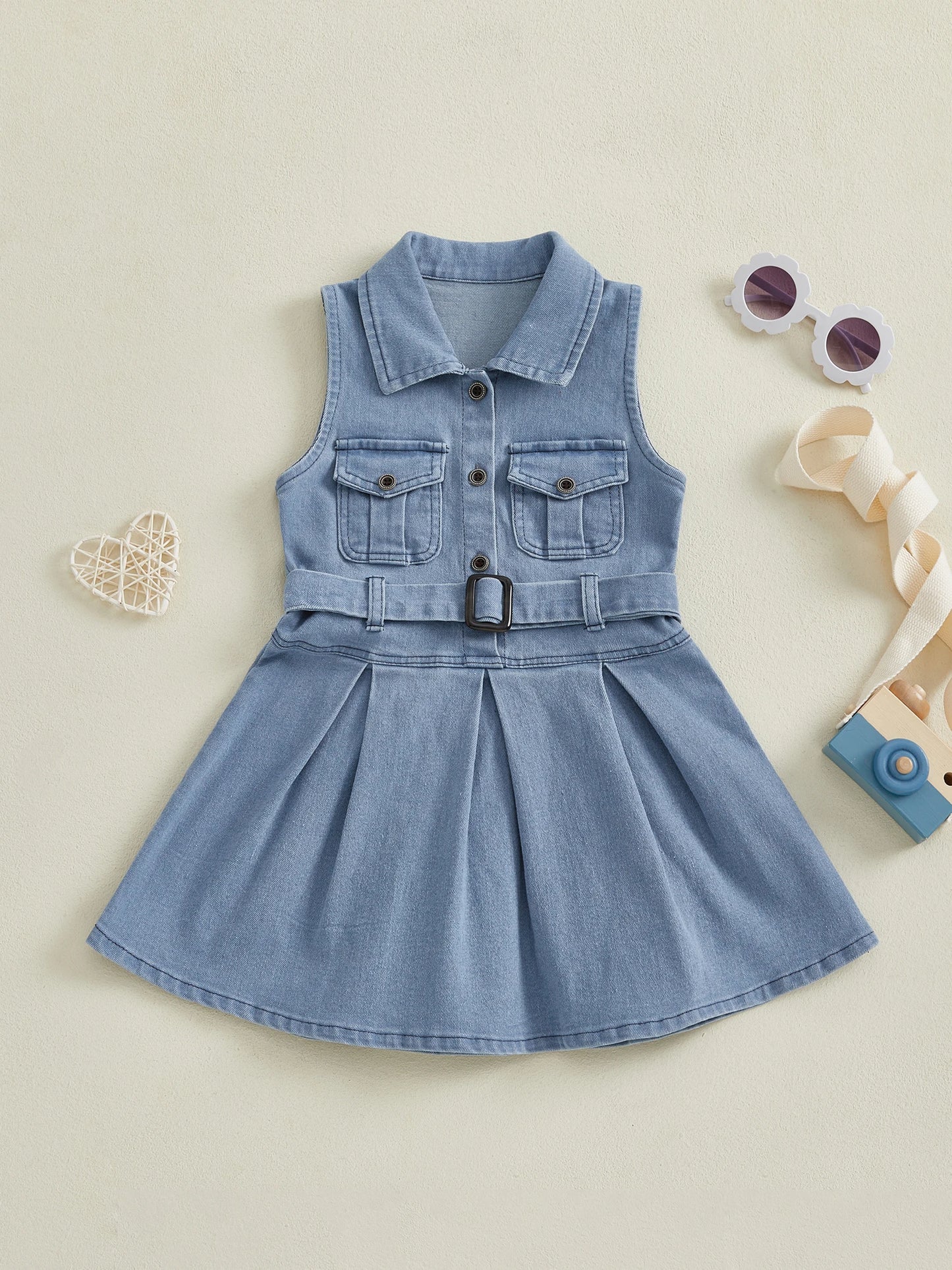 Girls Denim Dress with Belt - Y2K Sleeveless Button-Front Toddler Dress — view 3 of girls dresses