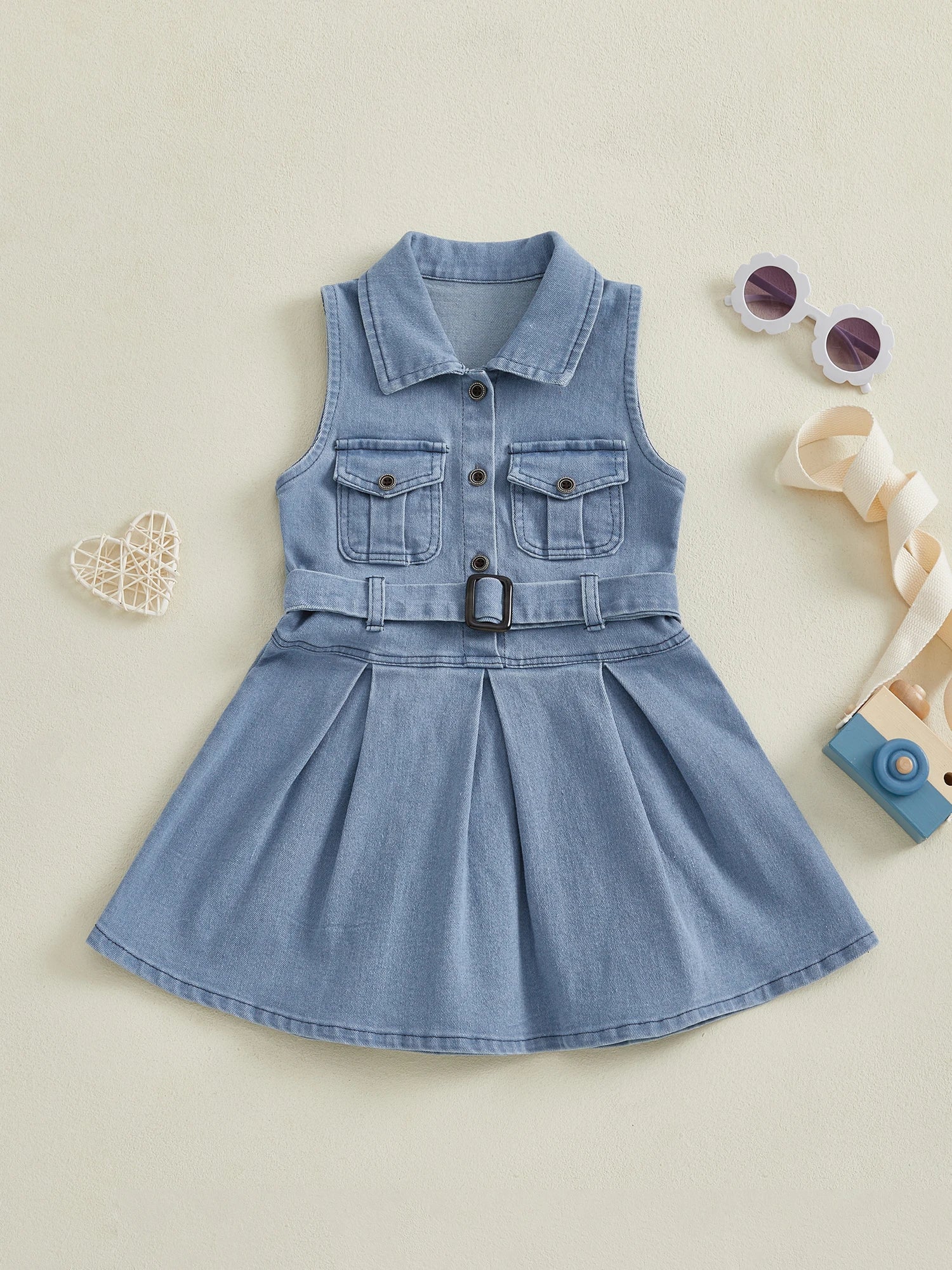Girls Denim Dress with Belt - Y2K Sleeveless Button-Front Toddler Dress — view 3 of girls dresses