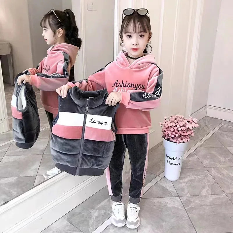 2024 winter girls tracksuit Autumn Toddler Teenager Clothes velvet jacket vest + hooded + strip Pant Children Kids 8 10 12 year