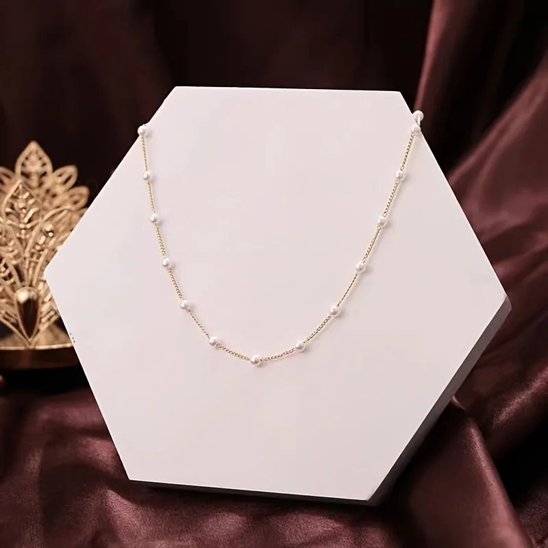 Pearl Baroque Clavicle Chain Necklace — Minimalist Faux Pearl Vintage Accessory — view 4 of necklaces