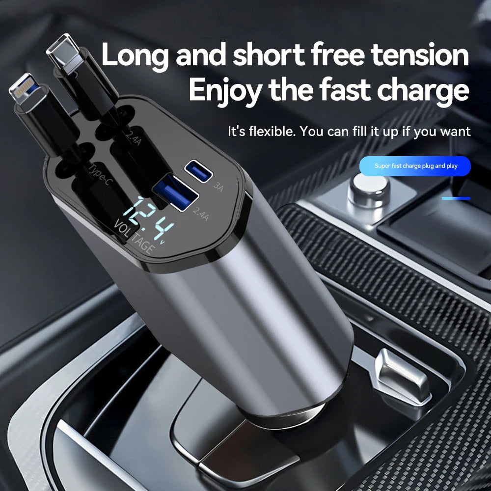 4-in-1 120W Retractable Car Charger — USB-C + Lightning + Type-C Cigarette Adapter — view 1 of chargers & cables