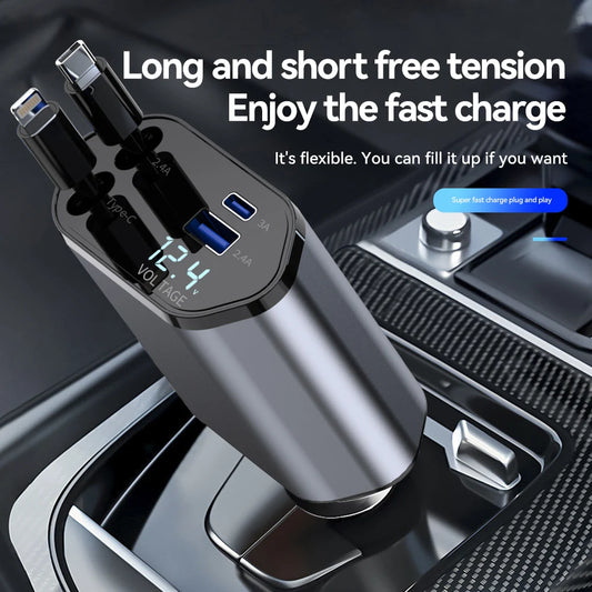 4-in-1 120W Retractable Car Charger — USB-C + Lightning + Type-C Cigarette Adapter — view 1 of chargers & cables
