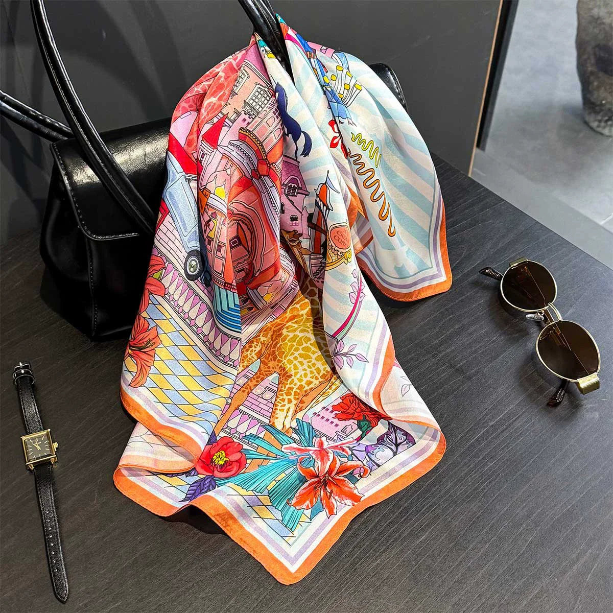 Silk Scarf Small Square 2026 Pashmina — 53×53cm Geometric Trending Palette Bandana Hair Scarf — view 18 of scarves & wraps