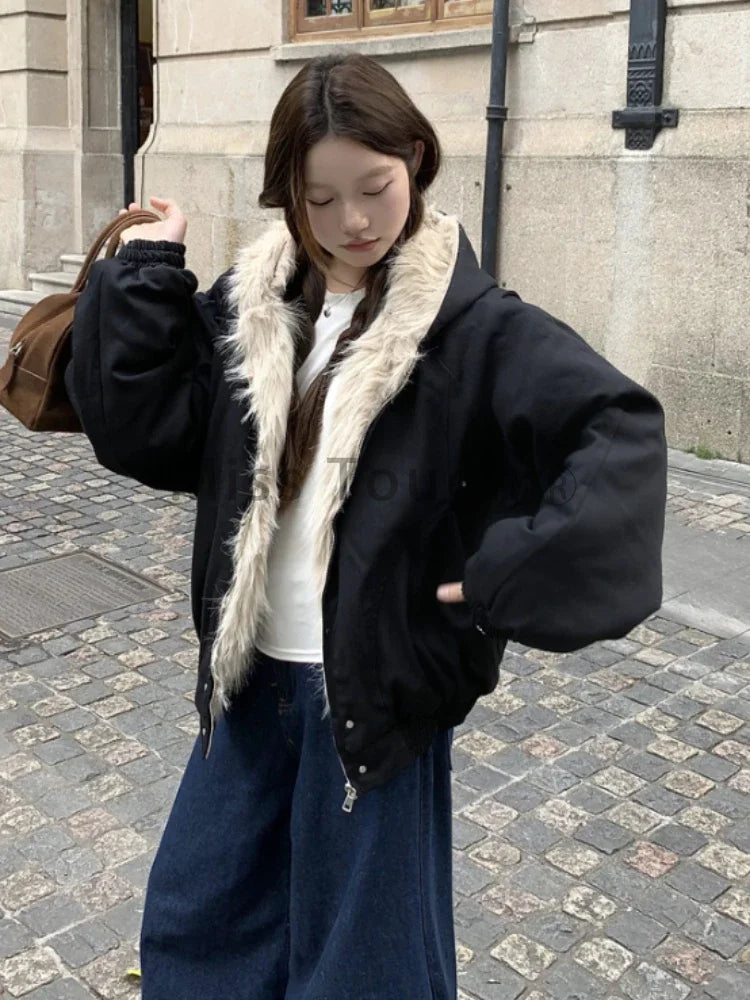 Winter Aesthetic Vintage Hooded Coat Women High Street Chic Warm Solid Lint Overcoat Female Design Casual Patchwork Jacket Coat