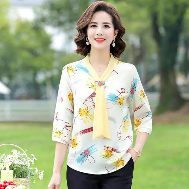 women Ladies Summer fashion printed T-shirt  mom gift plus size middle-aged and elderly summer loose t-shirt