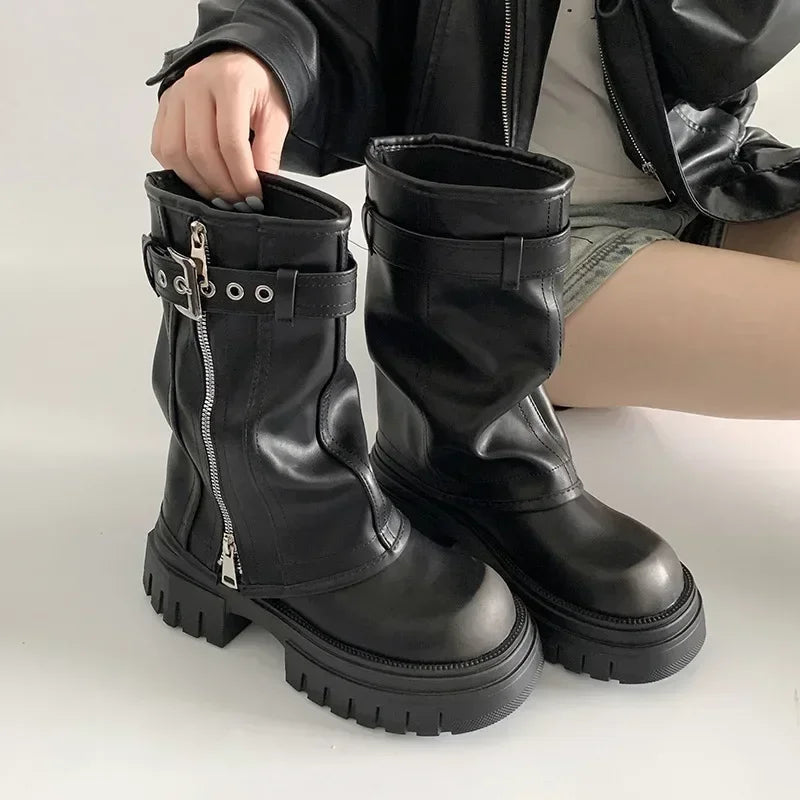 Women's Biker Boots — Belt-Buckle Platform Ankle Booties with Plush Winter Lining — view 8 of boots