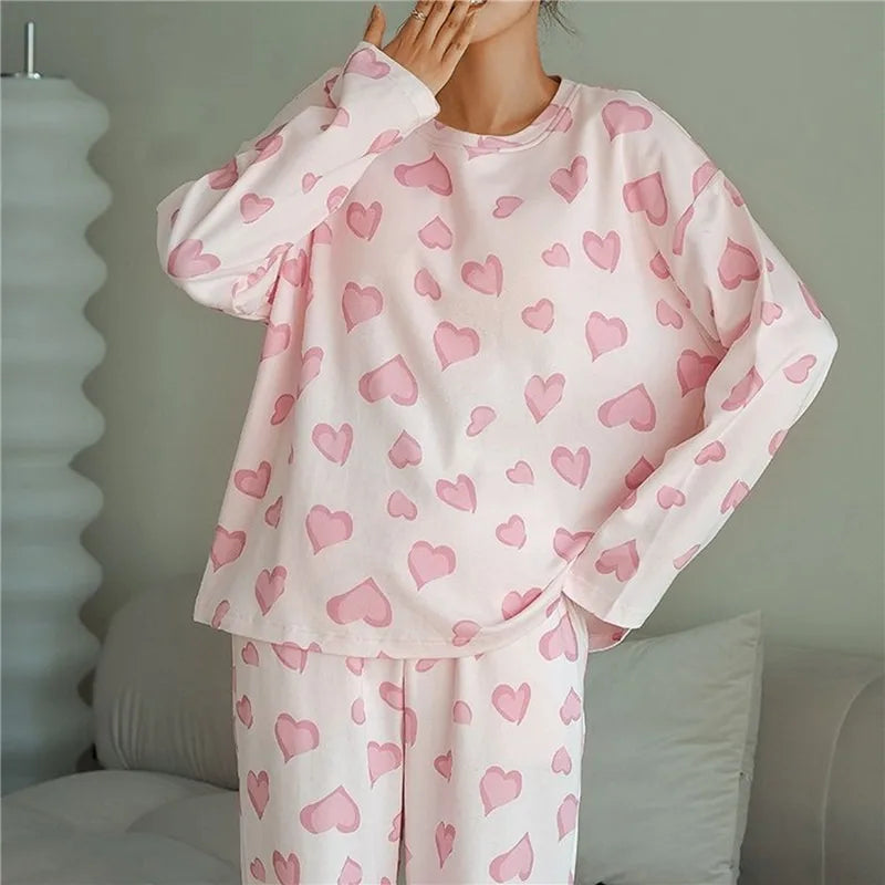 Long Sleeve Pajama Sets Women Sleepwear Padded Autumn Full Length Korean New Home Cozy O-Neck