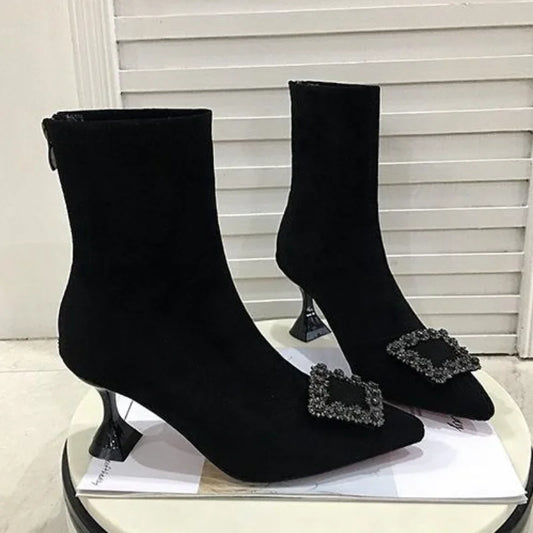 Pointed-Toe Heeled Ankle Boots — Flock Fashion Booties for Spring — view 1 of boots