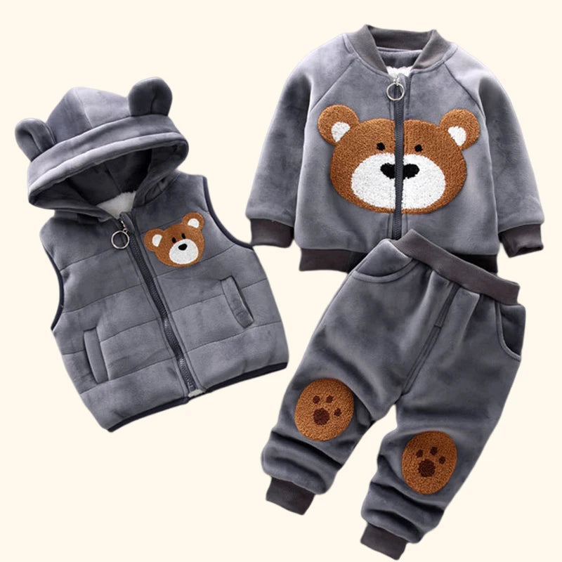 3Pcs Kids’ Warm Hooded Outfit Set – Thicken Winter Outerwear Three-Piece Clothing Set