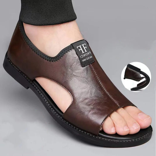 Summer Sandals Men's Genuine Leather Flat Slippers — Casual Beach Slip-On Sandals — view 1 of summer sandals