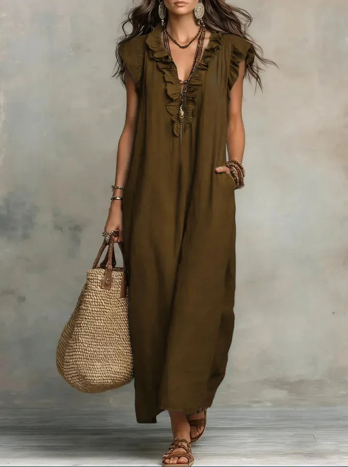 Women's Boho Linen-Blend Ruffle Maxi Dress, V-Neck & Pockets — view 5 of dresses