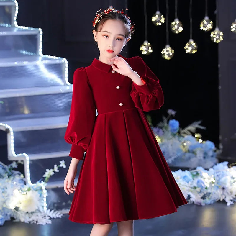 Fall Girls Velvet Princess dress Children's French Wine Red dress Baby Birthday Party Wedding Christmas Dress 6 8 to 10 12 Years