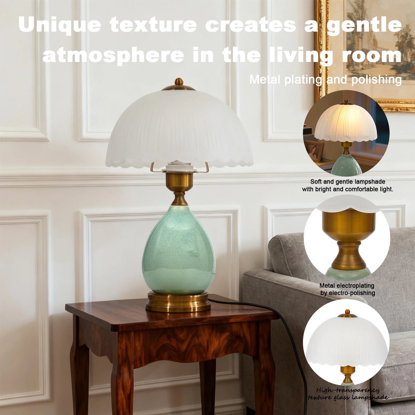 Chinese Green Ceramic Table Lamp &mdash; 16 in Vintage Bedside Lamp with 3-Color Dimmable LED — view 6 of lighting