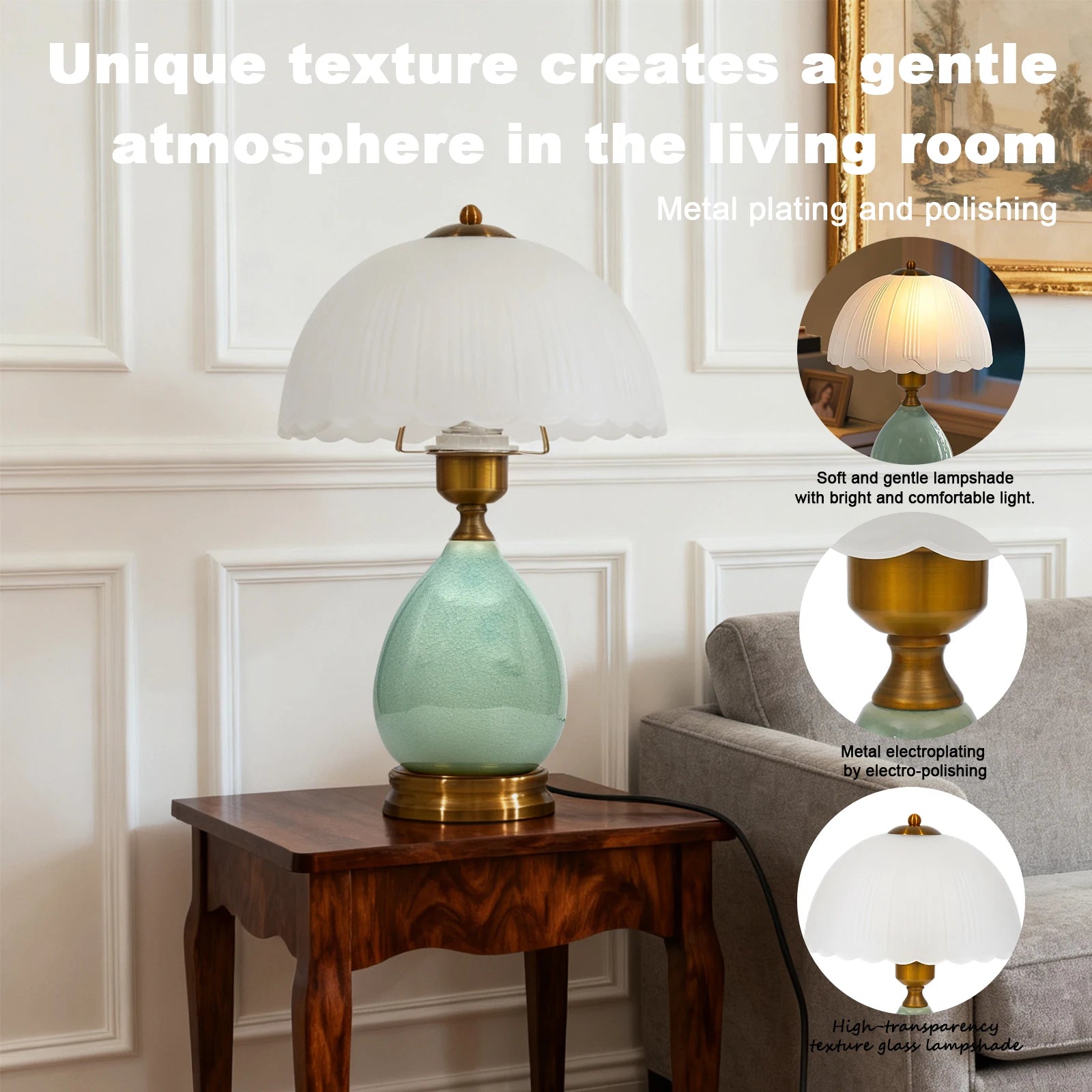 Chinese Green Ceramic Table Lamp &mdash; 16 in Vintage Bedside Lamp with 3-Color Dimmable LED — view 6 of lighting