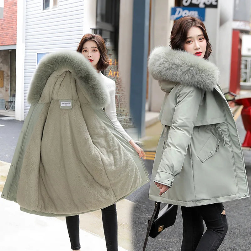 Women Parka Fashion Long Coat Wool Liner Hooded Parkas 2024