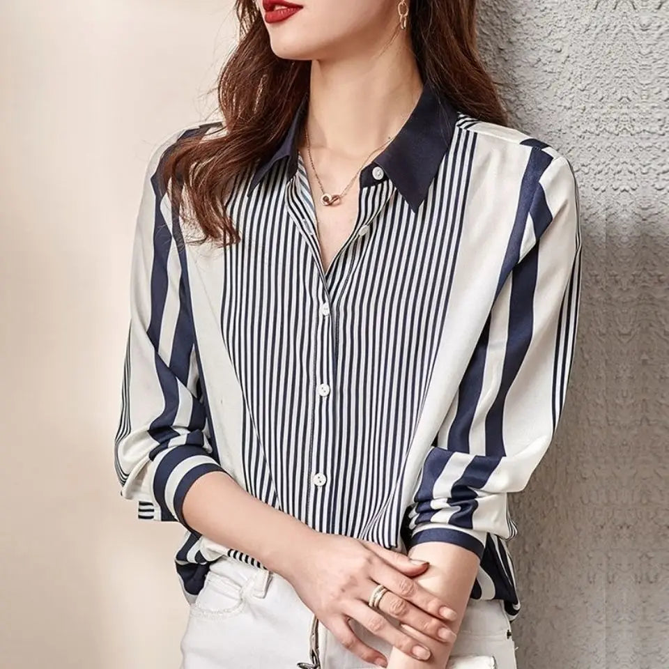 Striped Color Blocked Long Sleeved Chiffon Shirt for Women's Spring Autumn New Commuting Temperament Loose Versatile Shirt Top