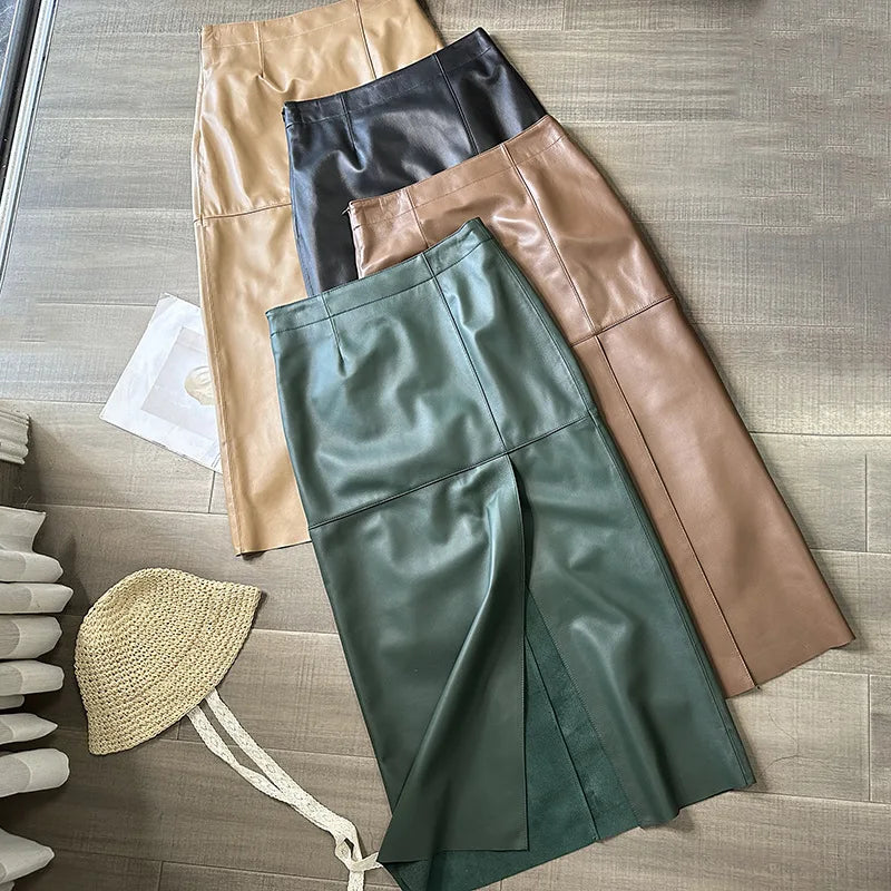 2024 Women’s High-Waist Real Leather Pencil Skirt – Sexy Split Wrap Design