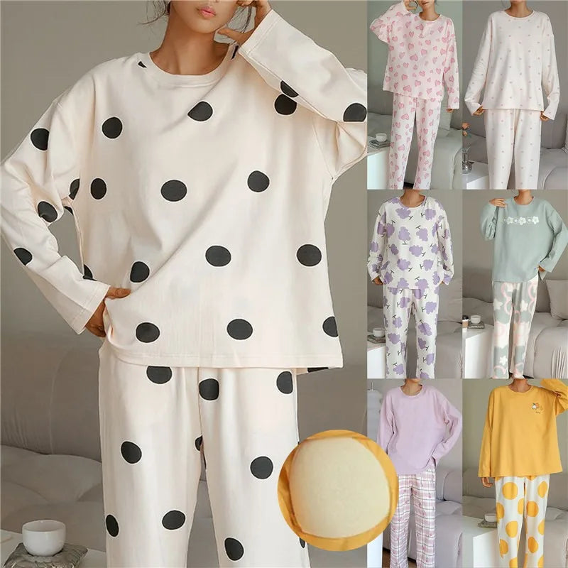 Long Sleeve Pajama Sets Women Sleepwear Padded Autumn Full Length Korean New Home Cozy O-Neck