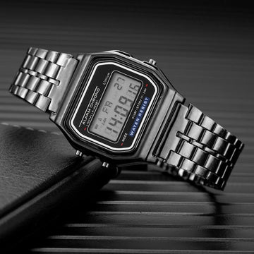 Men's digital LED multifunction sports watch with gold stainless steel bracelet