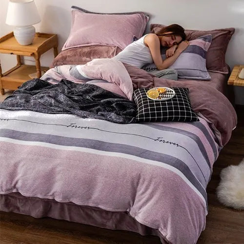 Coral Fleece Four-Piece Set Winter Thicken Thermal Double-Sided Flannel Bed Sheet Leopard Quilt Cover Milk Fiber Bedding