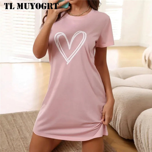 Summer Sexy Sleepwear Women Cotton Night Dress O-neck Letter Nighties Nightgown Loose Nightdress