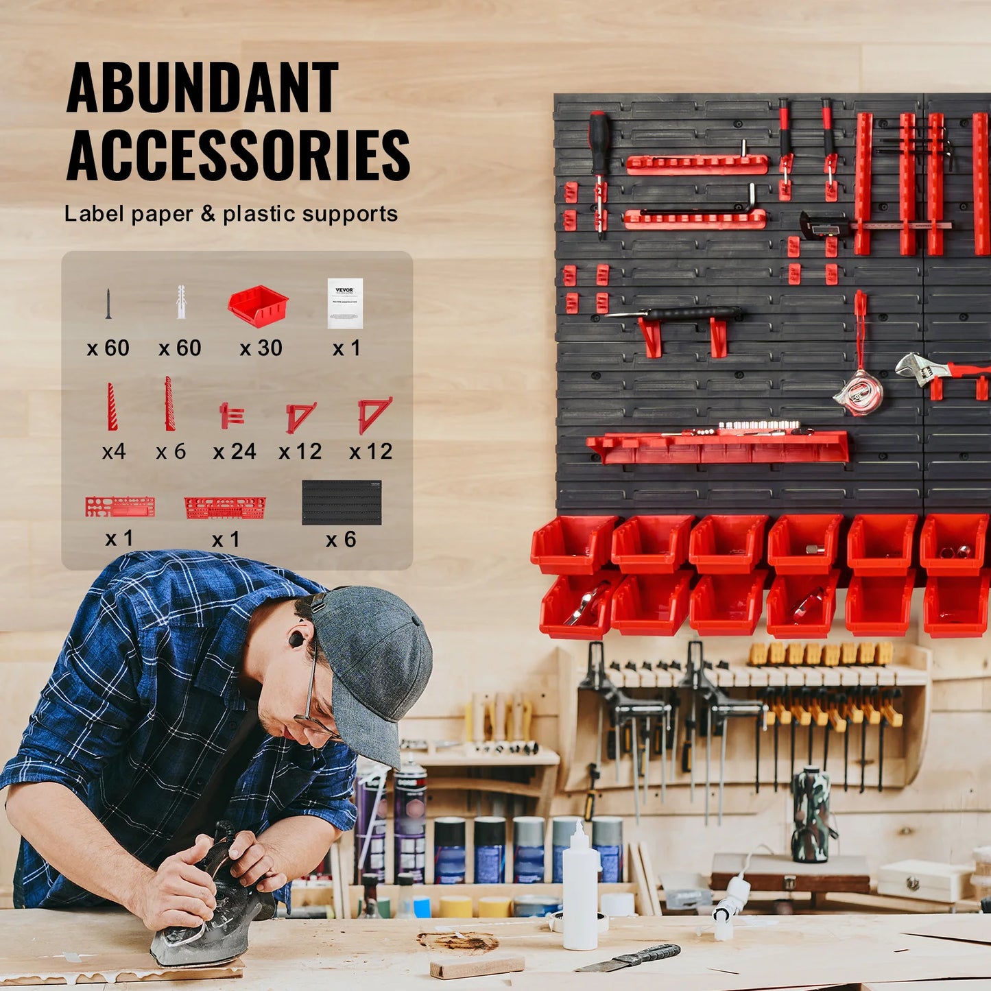 Storage Organizer Wall-Mount Parts Bin Rack — 30/48-Bin Garage Shop with Panels & Hooks — view 5 of storage & organisation