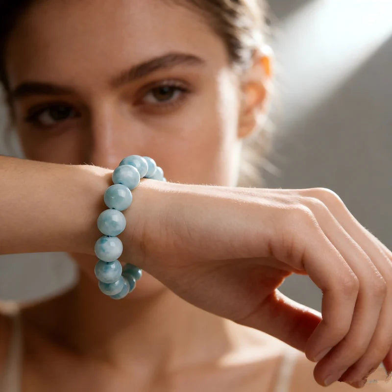 Crystal & Gemstone Larimar Stretch Bracelet — 8mm Natural Blue Bead Jewelry for Women — view 6 of crystal & gemstone