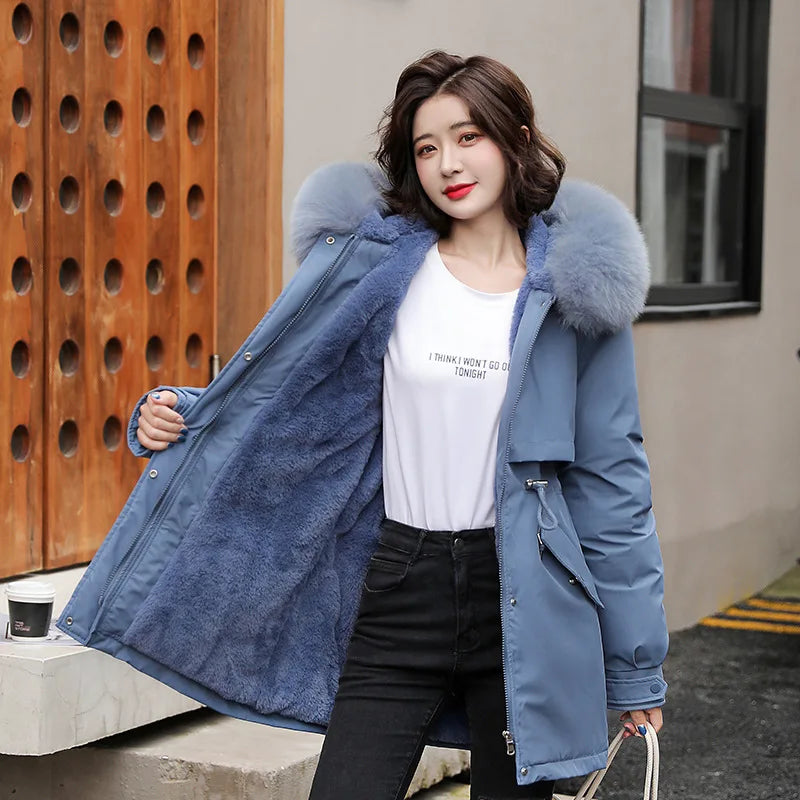 Women Parka Fashion Long Coat Wool Liner Hooded Parkas 2024