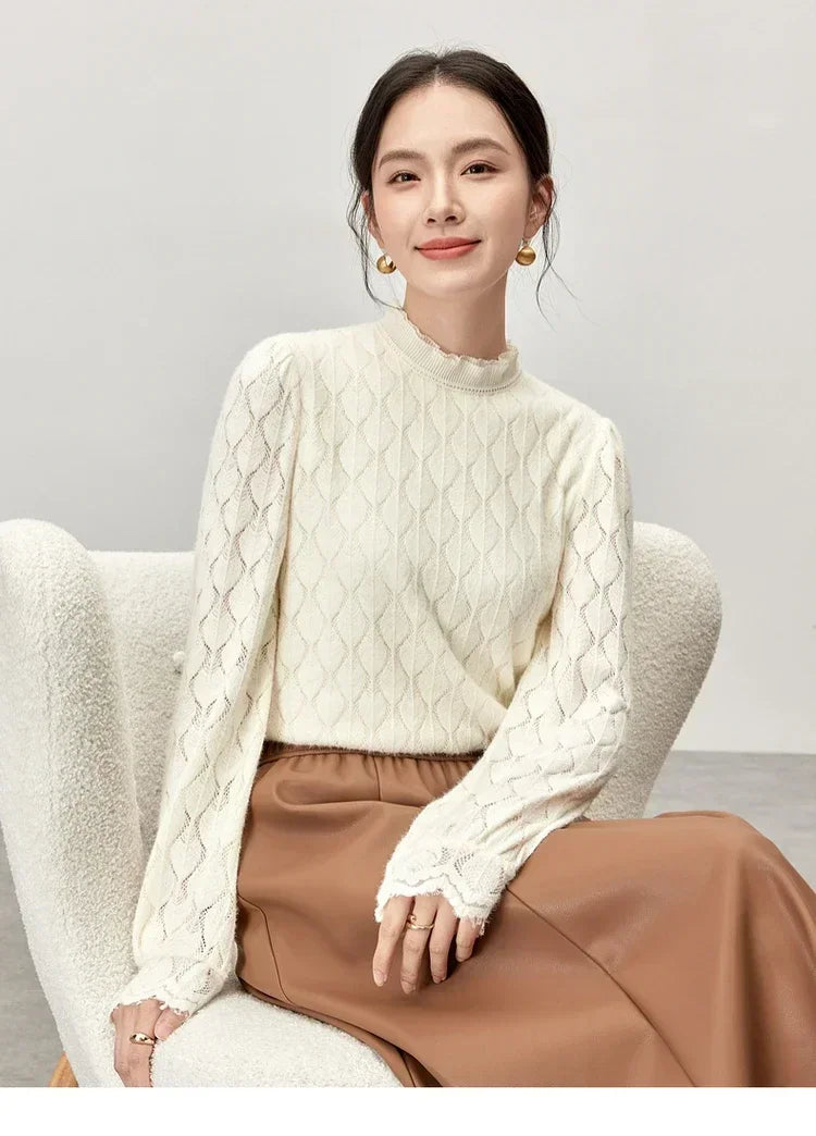 SENTUBILA Elegant Patchwork Lace Blouse for Women 2024 Winter Straight Hollow Out Ruffled Neck Solid Knit Tops Female 144S55866