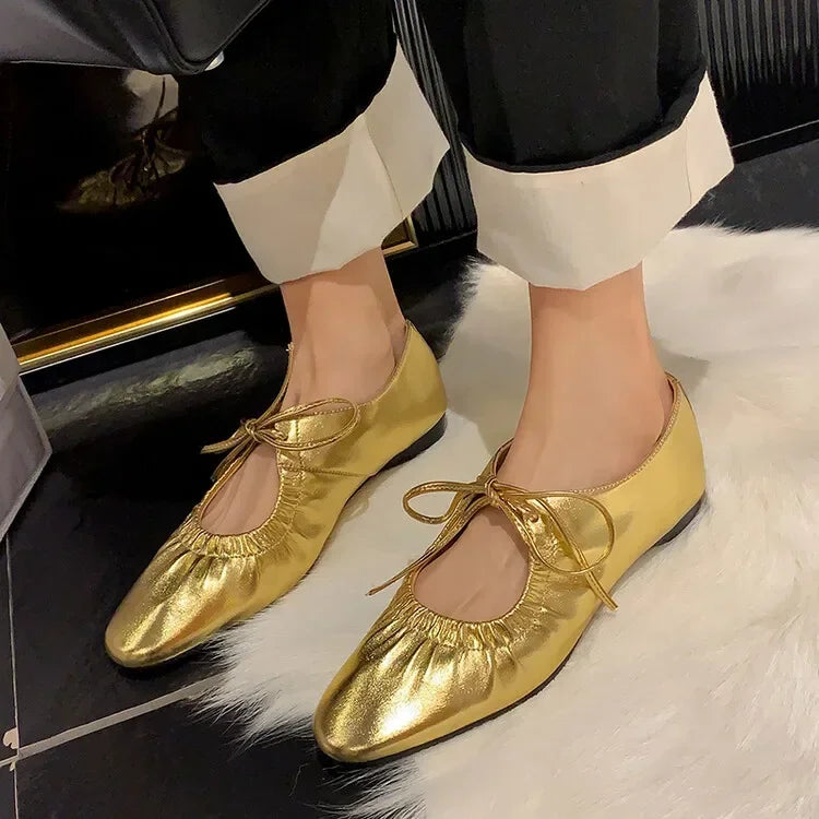 Flats & Ballet — Leather Metallic Ballet Flats, Silver Gold Bling Round-Toe Party Flats — view 10 of flats & ballet